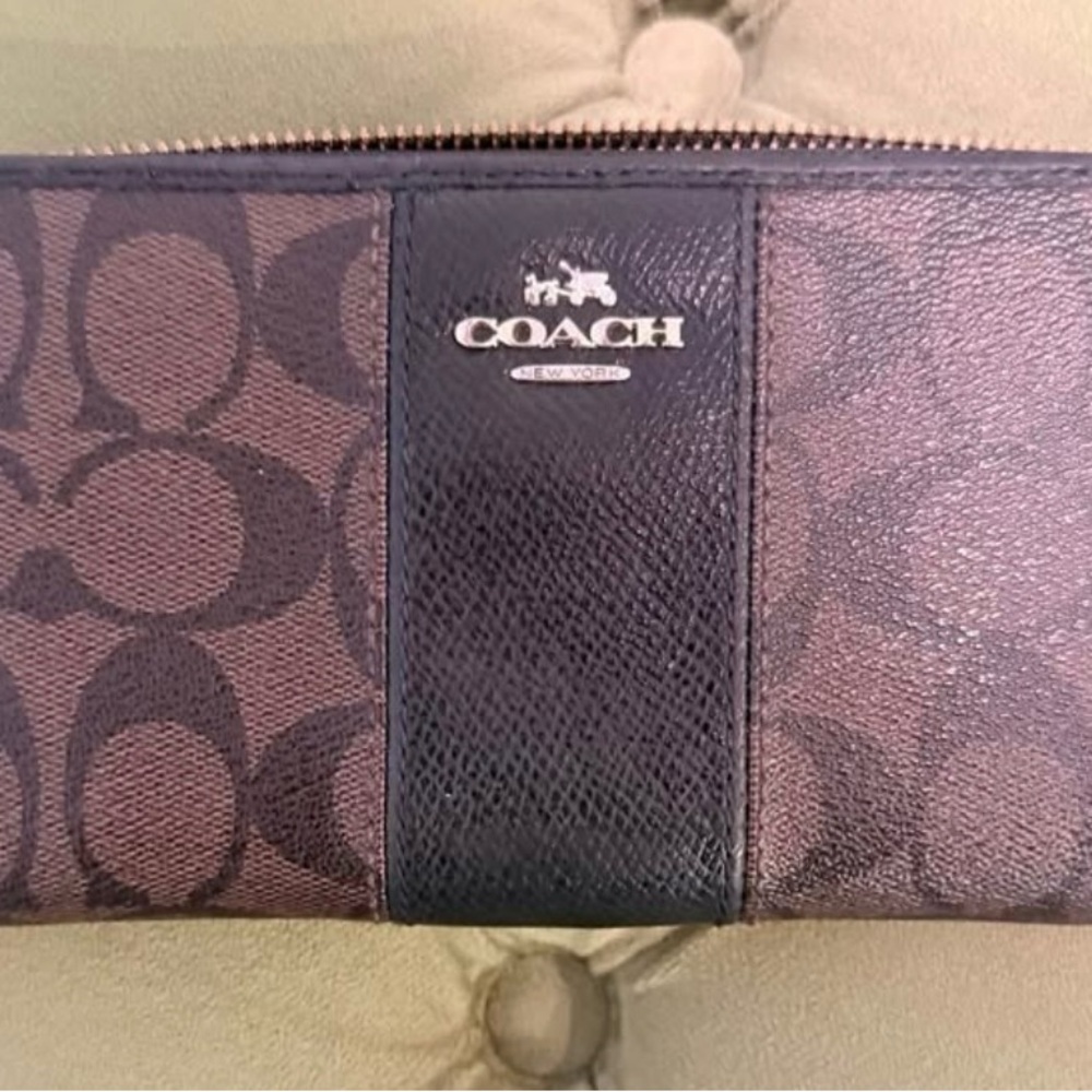 Coach Signature Brown and Black Zip Wallet